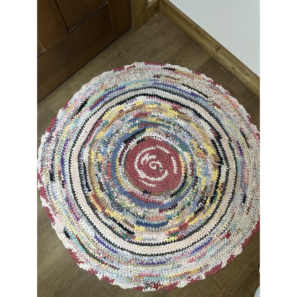 Vintage Handmade Round Rag Rug Braided Crochet Multicolor Boho Damaged